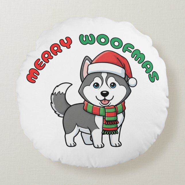 Christmas Husky Round Pillow: Merry Woofmas Rond Kussen (Voorkant)