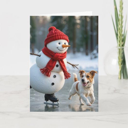 Christmas Ice Skating Snowman With Dog Feestdagen Kaart (Voorkant)