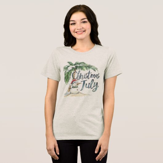 Christmas in July Beach Snowman & Palm Tree Tri-Blend Shirt (Voorkant volledig)