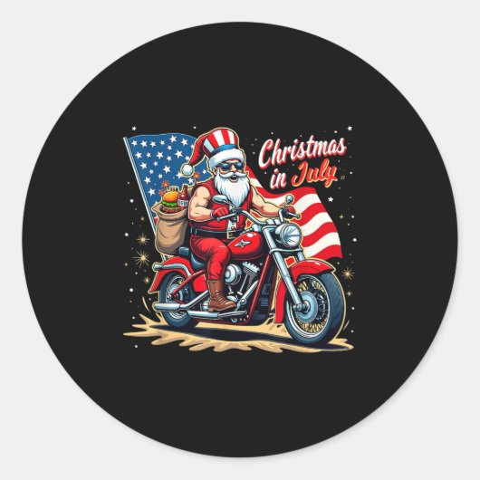 Christmas In July Biker Santa American Funny Summe Ronde Sticker (Voorkant)