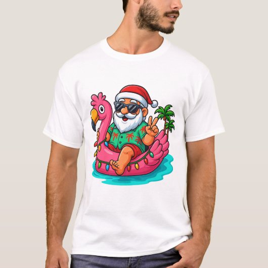 Christmas In July Santa Swimming At Pool Flamingo  T-shirt (Voorkant)