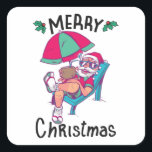 Christmas in July Vierkante Sticker<br><div class="desc">Het grappige kerstontwerp met een illustratie van de kerstman met een zonnebril die onder een strandparaplu ontspannen is. Een perfecte wedstrijd voor Kerstmis in juli en voor echte Kerstmis in december.</div>