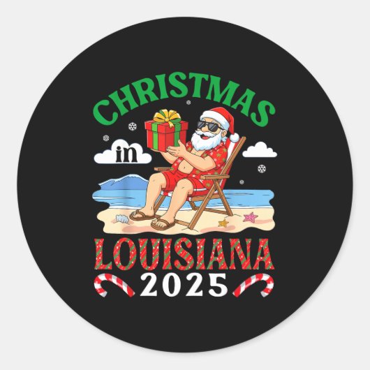 Christmas In Louisiana 2025 Santa Beach Lounge Hol Ronde Sticker (Voorkant)