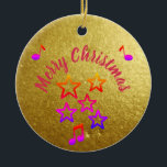 Christmas in Music Keramisch Ornament<br><div class="desc">This sparkling Christmas ornament brings a joyful and festive touch to your tree. Its glittery gold surface highlights the Merry Christmas message, surrounded by colorful stars and musical notes that capture the magic of the holiday season. Hanging from a branch, it adds warmth, charm, and a musical glow to your...</div>