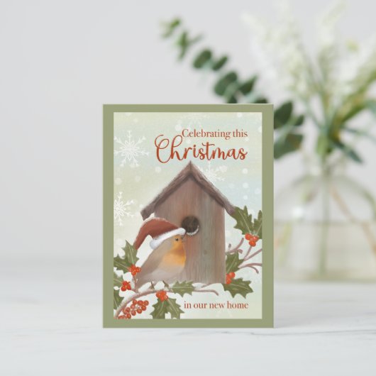 Christmas in New Home Bird and Birdhouse Briefkaart (Staand voorkant)