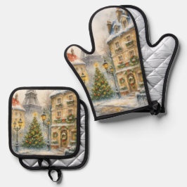 Christmas in Paris Apron | Watercolor Eiffel Tower Ovenwant & Pannenlap Set