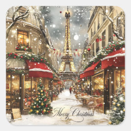 Christmas in Paris Vintage Holiday Street Scene Vierkante Sticker