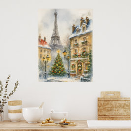 Christmas in Paris Watercolor Eiffel Tower Scene Poster