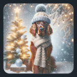 Christmas Irish Setter met sjaal en Pet Vierkante Sticker<br><div class="desc">Een Ierse Setter-hond met een winterjas en -pet zit naast een kleine,  versierde kerstboom,  omringd door sneeuw en feestelijke lichten</div>