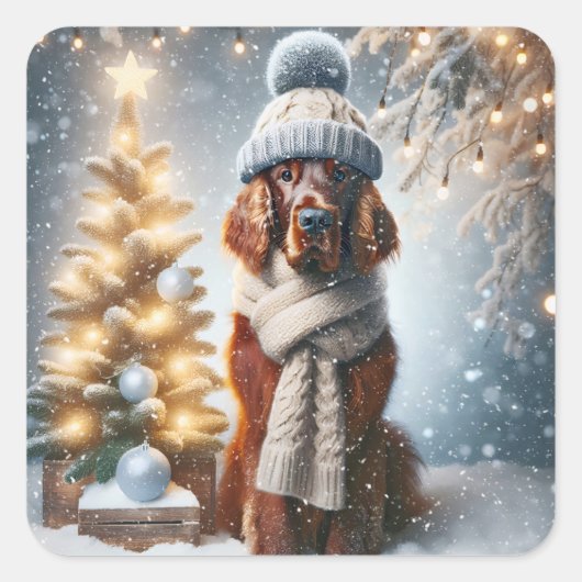 Christmas Irish Setter met sjaal en Pet Vierkante Sticker (Voorkant)
