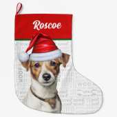 Christmas Jack Russell met de naam Woof Achtergron Grote Kerstsok (Voorkant)