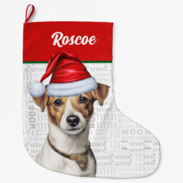 Christmas Jack Russell met de naam Woof Achtergron Grote Kerstsok