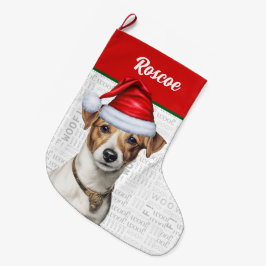 Christmas Jack Russell met de naam Woof Achtergron Grote Kerstsok
