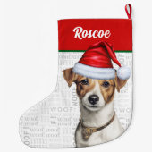 Christmas Jack Russell met de naam Woof Achtergron Grote Kerstsok (Achterkant)