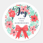 Christmas Joy Bow Wreath Blue Holiday Ronde Sticker (Voorkant)