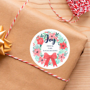 Christmas Joy Bow Wreath Blue Holiday Ronde Sticker