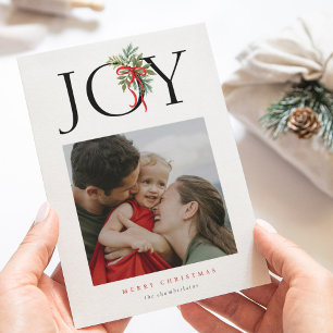 Christmas Joy Greenery Swag Red Bow Vakantiefoto Feestdagenkaart
