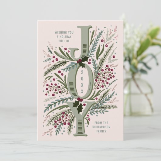 Christmas Joy Hand getekend gebladerte op Dusty Pi Feestdagenkaart (Staand voorkant)