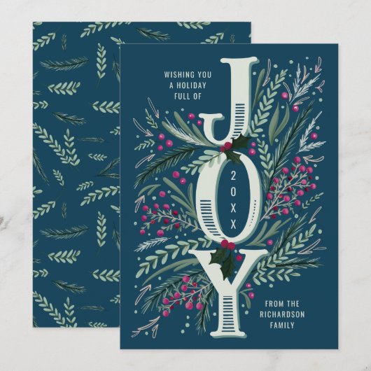 Christmas Joy Hand getrokken gebladerte in Navy Bl Feestdagenkaart (Voorkant / Achterkant)