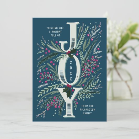 Christmas Joy Hand getrokken gebladerte in Navy Bl Feestdagenkaart (Staand voorkant)