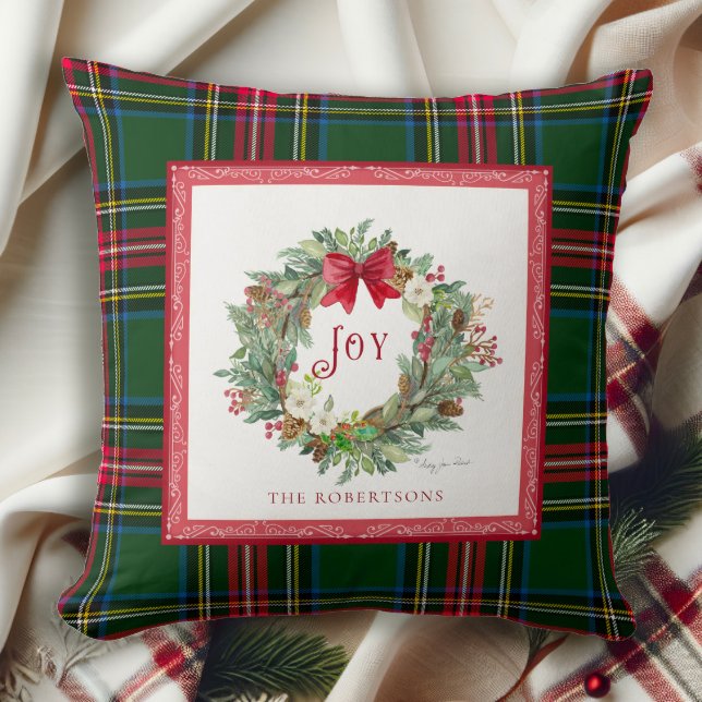Christmas Joy Krans Bow Waterverf Tartan Plaid Kussen (Creator heeft geüpload)