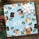 Christmas Joy Snowflake Fotocollage Pastel Blauw Cadeaupapier<br><div class="desc">'Wishing you joy' leuke en stijlvolle cadeauverpakking! Een bewerkbare sjabloon, gepersonaliseerd met zes foto's van uw familie, vrienden of huisdieren. U kunt ook de naam van de ontvanger, uw familienaam of het vakantiejaar vermelden. Een naadloos patroon met sneeuwbal ingelijste foto's, feestelijke bladeren, bessen, sneeuw, sneeuwvlokken en sterren. Aangepaste cadeauverpakking is...</div>