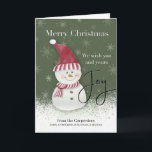 Christmas Joy Snowman beroemd gemaakt door Custom  Kaart<br><div class="desc">Voeg je familienaam toe aan deze zoete kerstkaart met een vrolijke sneeuwpop en de hartverwarmende boodschap "We wensen jou en je vreugde." Perfect voor het verspreiden van feestelijk gejuich tijdens dit vakantieseizoen.</div>