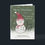 Christmas Joy Snowman beroemd gemaakt door Custom  Kaart<br><div class="desc">Voeg je familienaam toe aan deze zoete kerstkaart met een vrolijke sneeuwpop en de hartverwarmende boodschap "We wensen jou en je vreugde." Perfect voor het verspreiden van feestelijk gejuich tijdens dit vakantieseizoen.</div>