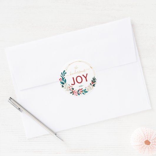Christmas Joy Wreath Name Handwritten Script Ronde Sticker (Envelop)