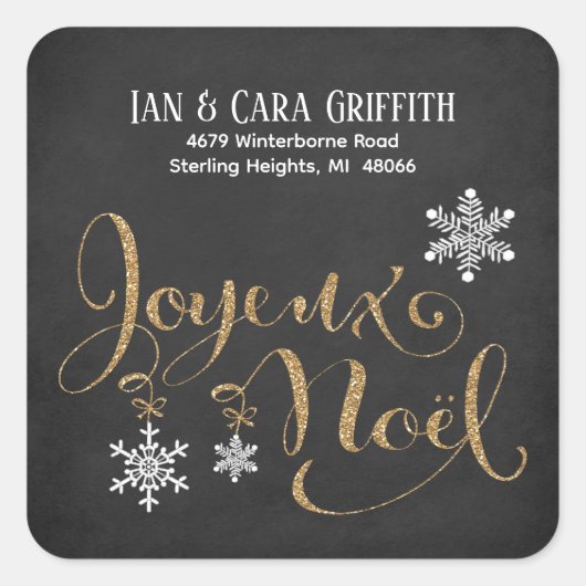 Christmas Joyeux Noel Gold Glitter Retouradres Vierkante Sticker (Voorkant)