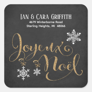 Christmas Joyeux Noel Gold Glitter Retouradres Vierkante Sticker