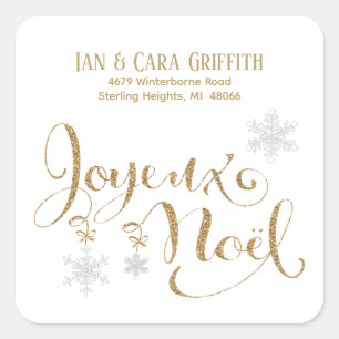 Christmas Joyeux Noel Gold Glitter Retouradres Vierkante Sticker