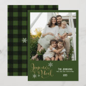 Christmas Joyeux Noel Snowflakes Green Plaid Feestdagenkaart (Voorkant / Achterkant)