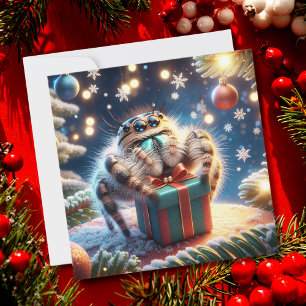 Christmas Jumping Spider Holding Gift Feestdagenkaart