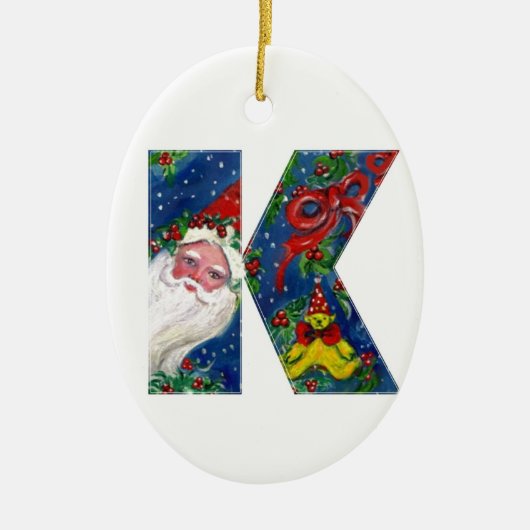 CHRISTMAS K BRIEF / SANTA CLAUS MET RODE RIBBON KERAMISCH ORNAMENT (Voorkant)