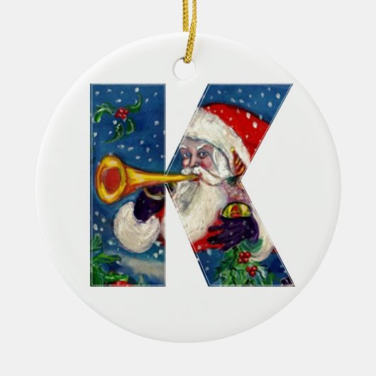 CHRISTMAS K LETTER/SANTA CLAUS BUGLER MONOGRAM KERAMISCH ORNAMENT (Voorkant)
