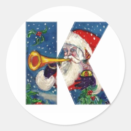 CHRISTMAS K LETTER/SANTA CLAUS BUGLER RONDE STICKER (Voorkant)