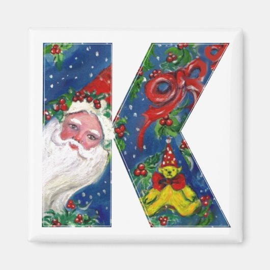 CHRISTMAS K LETTER/SANTA RED RIBBON MONOGRAM MAGNEET (Voorkant)