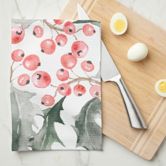 Christmas Kitchen Towel Red and Green Holly Theedoek (Quarter Fold)