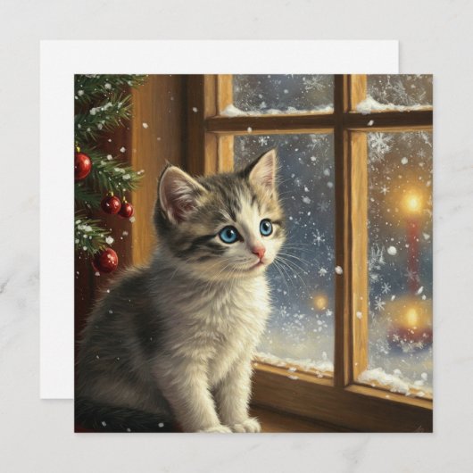 Christmas Kitten at the Window  Feestdagenkaart (Voorkant / Achterkant)