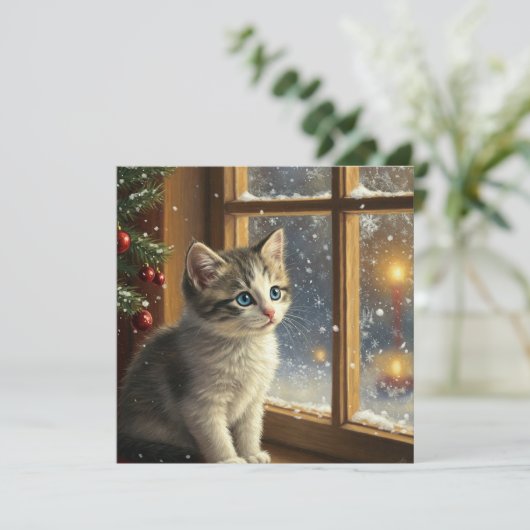Christmas Kitten at the Window  Feestdagenkaart (Staand voorkant)