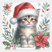 Christmas Kitten In Santa Hat Vierkante Sticker (Voorkant)