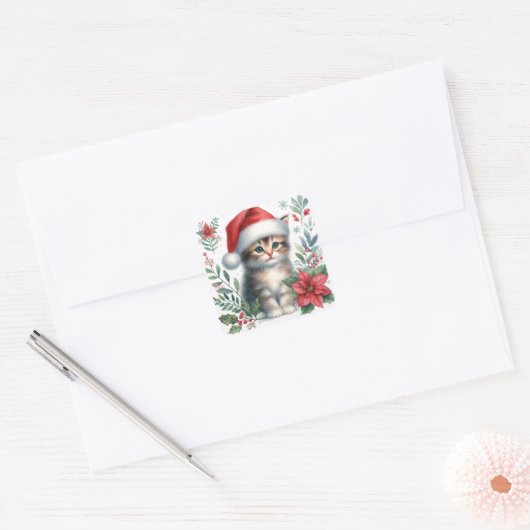 Christmas Kitten In Santa Hat Vierkante Sticker (Envelop)