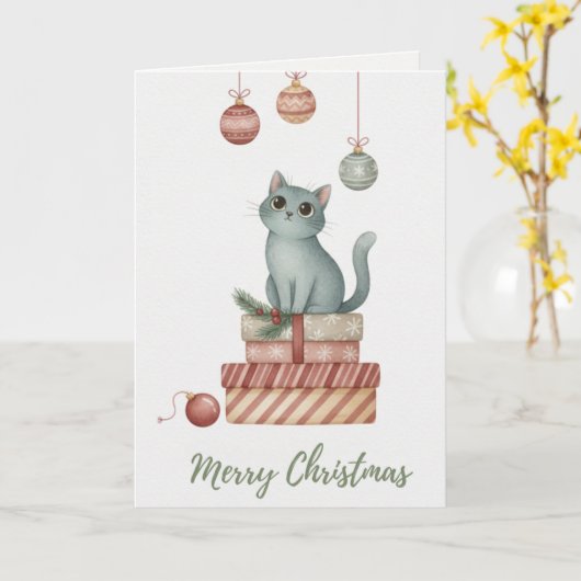 Christmas Kitten on Gift Boxes Card Kaart (Gele Bloem)