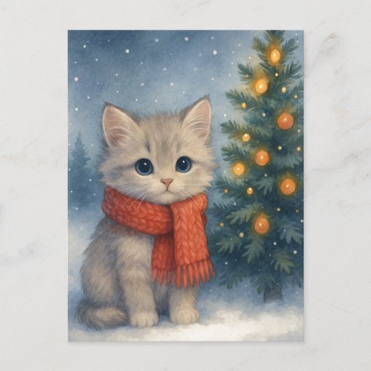 Christmas Kitten Postcard Cute Cat in Red Scarf  Briefkaart (Voorkant)