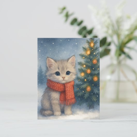 Christmas Kitten Postcard Cute Cat in Red Scarf  Briefkaart (Staand voorkant)