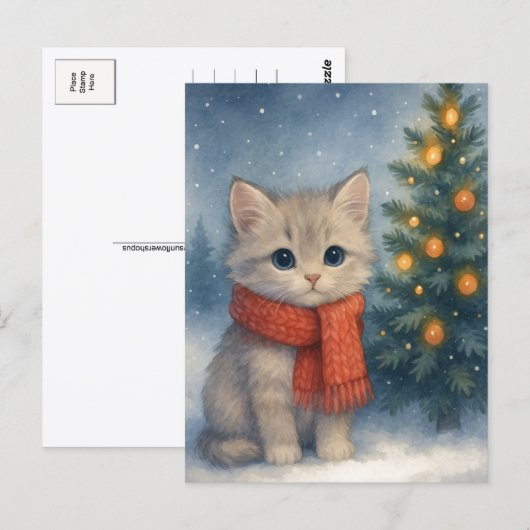 Christmas Kitten Postcard Cute Cat in Red Scarf  Briefkaart (Voorkant / Achterkant)