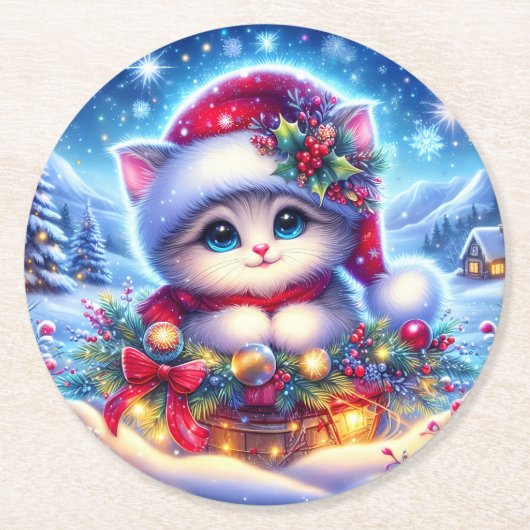 Christmas Kitten Ronde Onderzetter Gift (Voorkant)