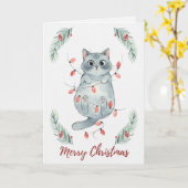 Christmas Kitten Tangled in Lights Card Kaart (Gele Bloem)