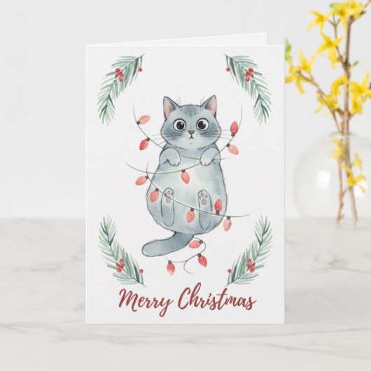 Christmas Kitten Tangled in Lights Card Kaart (Gele Bloem)